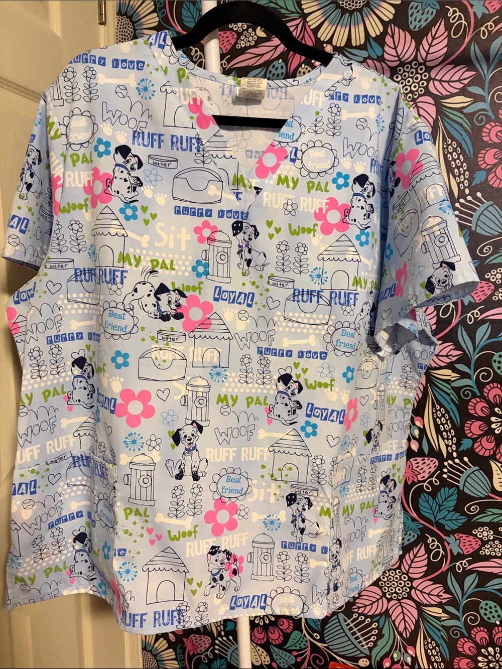 Disney Light Blue 101 Dalmatians Print Scrub Top